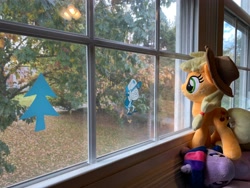 Size: 4032x3024 | Tagged: safe, symbiote studios, applejack, twilight sparkle, pony, g4, 4de, contemplating, defeat, dipper pines, domination, gravity falls, irl, merchandise, photo, photography, plushie, reflection, standing