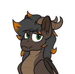 Size: 3172x3104 | Tagged: safe, artist:drheartdoodles, oc, oc only, oc:smokey ore, dracony, dragon, hybrid, bust, fangs, green eyes, high res, horns, looking at you, male, simple background, smiling, smiling at you, smug, solo, transparent background, wings
