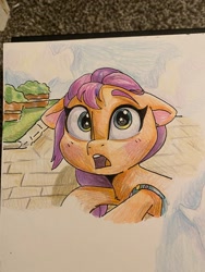 Size: 1536x2048 | Tagged: safe, artist:swirlmlp69768, part of a set, sunny starscout, earth pony, pony, g5, blushing, cute, female, mare, photo, sunnybetes, surprised face, traditional art, wingding eyes