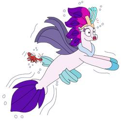 Size: 2429x2430 | Tagged: safe, artist:supahdonarudo, queen novo, crab, seapony (g4), series:novoember, g4, my little pony: the movie, bubble, fin wings, fins, fish tail, high res, ocean, ouch, pinch, screaming, simple background, swimming, tail, transparent background, underwater, water, wings