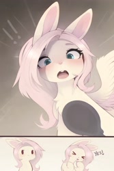 Size: 2500x3735 | Tagged: safe, artist:magnaluna, fluttershy, bunnisus, rabbit, g4, ><, animal, blushing, bunnified, bunny ears, bunnyshy, cute, emanata, exclamation point, eyes closed, female, happy, high res, looking at you, mirror, one wing out, open mouth, solo, species swap, surprised, white coat, wings, yes