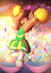 Size: 2894x4093 | Tagged: safe, artist:harukiicat, oc, oc only, oc:robertapuddin, earth pony, pony, cheerleader, cheerleader outfit, clothes, jumping, one eye closed, pom pom, smiling, socks, solo