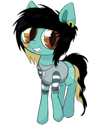 Size: 4500x5500 | Tagged: safe, artist:cactuscruncher, derpibooru exclusive, pony, absurd resolution, bandaid, black mane, blue coat, brown eyes, clothes, david schmitt, disguise, disguised siren, dog tags, dyed mane, ear piercing, emo, fangs, gauges, jewelry, looking at you, male, messy mane, messy tail, necklace, nose piercing, nose ring, piercing, pocket, ponified, raised hoof, rolled up sleeves, sharp teeth, shiny eyes, shirt, simple background, slit pupils, smiling, solo, stallion, standing, striped shirt, tail, teeth, transparent background