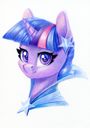 Size: 838x1200 | Tagged: safe, artist:maytee, twilight sparkle, pony, unicorn, g4, bust, clothes, colored pencil drawing, commission, dress, ear piercing, earring, female, gala dress, jewelry, mare, piercing, portrait, simple background, smiling, solo, traditional art, white background