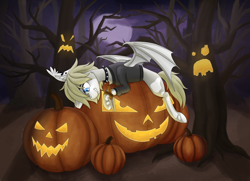 Size: 1920x1388 | Tagged: safe, artist:fess, oc, oc only, oc:mey, bat pony, undead, vampire, bat pony oc, bat wings, clothes, collar, commission, ear fluff, female, forest, forest background, halloween, holiday, jack-o-lantern, knife, mare, nature, night, nightmare night, pumpkin, selling, spread wings, sweater, tree, wings, ych result