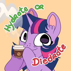 Size: 3319x3319 | Tagged: safe, artist:cutepencilcase, part of a set, twilight sparkle, pony, g4, bags under eyes, coffee, dishevelled, drink, ear fluff, high res, hoof hold, meme, simple background, solo, wavy mouth