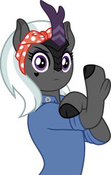 Size: 3173x5000 | Tagged: safe, artist:clubvixen, oc, oc only, oc:jinx von steinmare, kirin, semi-anthro, arm hooves, cloven hooves, colored eartips, eyeshadow, makeup, purple eyes, rosie the riveter, simple background, solo, transparent background