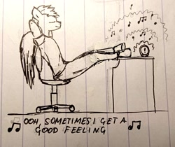 Size: 3023x2540 | Tagged: safe, artist:adamv20, oc, oc:rising edge, pegasus, anthro, avicii, chair, clothes, desk, high res, jbl, levels, lined paper, male, song reference, sound waves, speaker, stallion, traditional art