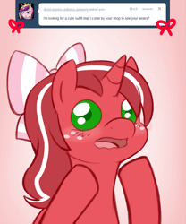 Size: 666x800 | Tagged: safe, artist:redintravenous, oc, oc:red ribbon, pony, unicorn, ask red ribbon, animated, bow, female, gif, hair bow, mare, solo