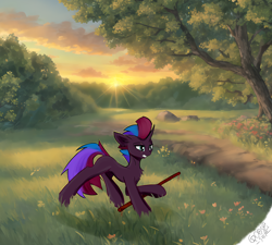 Size: 6000x5400 | Tagged: safe, artist:gooseshit, oc, oc only, oc:tempest revenant, pony, unicorn, big ears, concave belly, curved horn, ear fluff, eye scar, facial scar, female, flower, horn, mare, not tempest shadow, scar, scenery, solo, sternocleidomastoid, tree