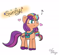Size: 6193x5693 | Tagged: safe, artist:tiga mega, sunny starscout, earth pony, pony, g5, absurd resolution, bag, blushing, colored hooves, cute, female, heart, looking away, messenger bag, music notes, name, pin, simple background, smiling, solo, standing, sunnybetes, three quarter view, white background