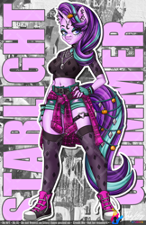 Size: 792x1224 | Tagged: safe, artist:inkkeystudios, gameloft, starlight glimmer, unicorn, anthro, plantigrade anthro, g4, my little pony: magic princess, choker, clothes, converse, ear piercing, edgelight glimmer, edgy, edgy starlight, emo, eye clipping through hair, eyebrows, eyebrows visible through hair, female, fingerless gloves, garter, gloves, goth, hairclip, hand on hip, looking at you, midriff, piercing, punk, shoes, shorts, skindentation, sneakers, solo, spiked choker, spiked wristband, stockings, thigh highs, torn clothes, unamused, wristband