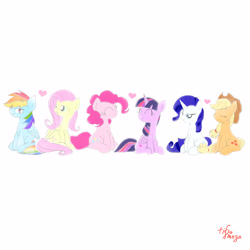 Size: 4096x4096 | Tagged: safe, artist:tiga mega, part of a set, applejack, fluttershy, pinkie pie, rainbow dash, rarity, twilight sparkle, alicorn, pony, g4, ^^, absurd resolution, blushing, cute, eyelashes, eyes closed, folded wings, heart, looking at each other, looking at someone, mane six, signature, simple background, sitting, twilight sparkle (alicorn), white background, wings