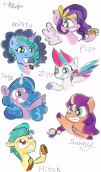 Size: 5400x9196 | Tagged: safe, artist:tiga mega, hitch trailblazer, izzy moonbow, misty brightdawn, pipp petals, sunny starscout, zipp storm, earth pony, pegasus, pony, unicorn, g5, female, group, male, mane five, mane six (g5), mane stripe sunny, mare, simple background, stallion, traditional art, white background