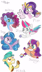 Size: 5400x9196 | Tagged: safe, alternate version, artist:tiga mega, hitch trailblazer, izzy moonbow, misty brightdawn, pipp petals, sunny starscout, zipp storm, earth pony, pegasus, pony, unicorn, g5, female, male, mane five, mane six (g5), mare, rebirth misty, simple background, stallion, white background