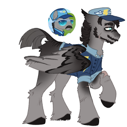 Size: 1000x1000 | Tagged: safe, artist:kazmuun, whiplash, pegasus, pony, series:kazmuun's drawing every pony, g4, alternate design, beard, black hooves, chest fluff, clothes, coat markings, colored eartips, colored hooves, colored wings, dorsal stripe, ear tufts, ears back, eye scar, facial hair, facial scar, fetlock tuft, folded wings, hat, hooves, leg fluff, leg scar, male, moustache, multicolored wings, raised hoof, redesign, scar, screencap reference, shirt, simple background, solo, stallion, standing, thick eyebrows, transparent background, white pupils, wing scar, wings