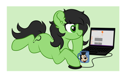 Size: 5100x3120 | Tagged: safe, artist:grelka, artist:vetta, oc, oc:anon, oc:filly anon, earth pony, pony, 2ch, collaboration, computer, computer mouse, cyrillic, female, filly, laptop computer, mickey mouse, mug, russian, solo