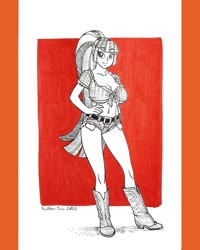 Size: 1080x1350 | Tagged: safe, artist:brother-tico, sonata dusk, human, g4, belly button, big breasts, boots, breasts, busty sonata dusk, cleavage, clothes, daisy dukes, denim, denim shorts, eyebrows, eyebrows visible through hair, female, front knot midriff, huevember, humanized, midriff, shoes, shorts, smiling, solo, traditional art