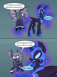 Size: 2653x3573 | Tagged: safe, artist:moonatik, nightmare moon, oc, oc:selenite, alicorn, bat pony, pony, new lunar millennium, g4, 2 panel comic, abstract background, alternate timeline, bat pony oc, boots, clothes, comic, dialogue, eyeshadow, female, flying, gloves, hair bun, helmet, high res, hoof shoes, makeup, mare, military pony, military uniform, nightmare takeover timeline, peytral, princess shoes, shoes, spread wings, tail, tail bun, uniform, wings