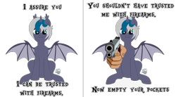 Size: 6000x3300 | Tagged: safe, artist:zakypo, oc, oc only, oc:elizabat stormfeather, alicorn, bat pony, bat pony alicorn, pony, 2 panel comic, alicorn oc, bat pony oc, bat wings, comic, commission, female, gun, hand, handgun, horn, i lied, looking at you, lying, mare, meme, mugging, pistol, simple background, sitting, solo, suddenly hands, threat, transparent background, wings, ych result