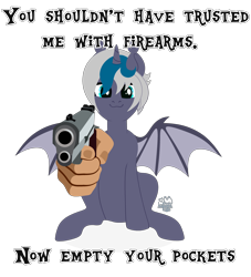 Size: 3000x3300 | Tagged: safe, alternate version, artist:zakypo, derpibooru exclusive, oc, oc only, oc:elizabat stormfeather, alicorn, bat pony, bat pony alicorn, pony, alicorn oc, bat pony oc, bat wings, commission, female, gun, hand, handgun, high res, horn, i lied, looking at you, lying, mare, meme, pistol, simple background, sitting, solo, suddenly hands, threat, transparent background, wings, ych result