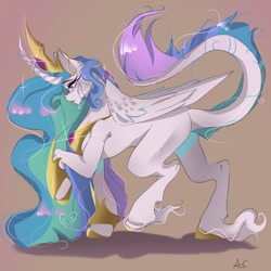 Size: 1378x1378 | Tagged: safe, artist:ventileitorr, princess celestia, alicorn, pony, g4, curved horn, female, horn, jewelry, leonine tail, mare, regalia, simple background, solo, tail, tan background, unshorn fetlocks