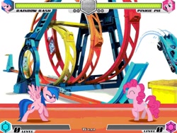 Size: 1080x810 | Tagged: safe, artist:tom artista, firefly, pinkie pie, rainbow dash, earth pony, pegasus, pony, fighting is magic, g1, g4, bipedal, car, crossover, fan game, game screencap, hot wheels, loop, new, stage, track