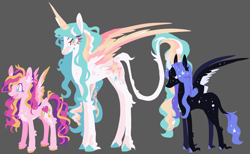 Size: 2048x1263 | Tagged: safe, artist:squilko, princess cadance, princess celestia, princess luna, alicorn, pegasus, pony, g4, alternate design, alternate hairstyle, alternate universe, aunt and niece, blank eyes, but fluff, chest fluff, colored hooves, colored horn, colored pupils, colored wings, colored wingtips, concave belly, curved horn, female, gray background, height difference, horn, large wings, leg fluff, leonine tail, long legs, mare, open mouth, pale belly, pegasus cadance, redesign, siblings, simple background, sisters, slender, smiling, sparkly mane, sparkly tail, spread wings, standing, tail, tall, thin, trio, wings