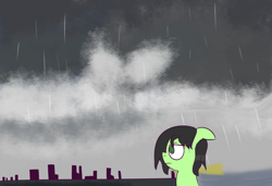 Size: 1600x1092 | Tagged: safe, artist:wanda, oc, oc:filly anon, earth pony, pony, city, cloud, female, filly, lighthouse, ocean, rain, solo, water, wet