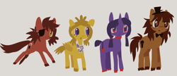 Size: 1432x619 | Tagged: safe, artist:squilko, earth pony, pegasus, pony, unicorn, alternate universe, bonnie (fnaf), chica, crossover, five nights at freddy's, foxy, freddy fazbear, gray background, group, ponified, quartet, simple background