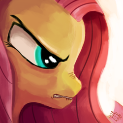 Size: 1500x1500 | Tagged: safe, artist:tazool, fluttershy, pegasus, pony, g4, angry, bust, female, frown, gritted teeth, lip bite, mare, nose wrinkle, portrait, profile, scrunchy face, solo, teeth