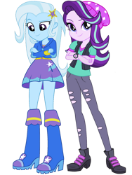 Size: 828x1104 | Tagged: safe, artist:floppychiptunes, artist:imperfectxiii, edit, editor:cutler1228, starlight glimmer, trixie, equestria girls, g4, boots, clothes, crossed arms, duo, high heel boots, shirt, shoes, simple background, skirt, transparent background, trixie wearing her boots