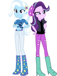 Size: 828x1104 | Tagged: safe, artist:ajosterio, edit, editor:cutler1228, starlight glimmer, trixie, equestria girls, g4, boots, clothes, denim, duo, high heel boots, jeans, pants, shirt, shoes, simple background, transparent background