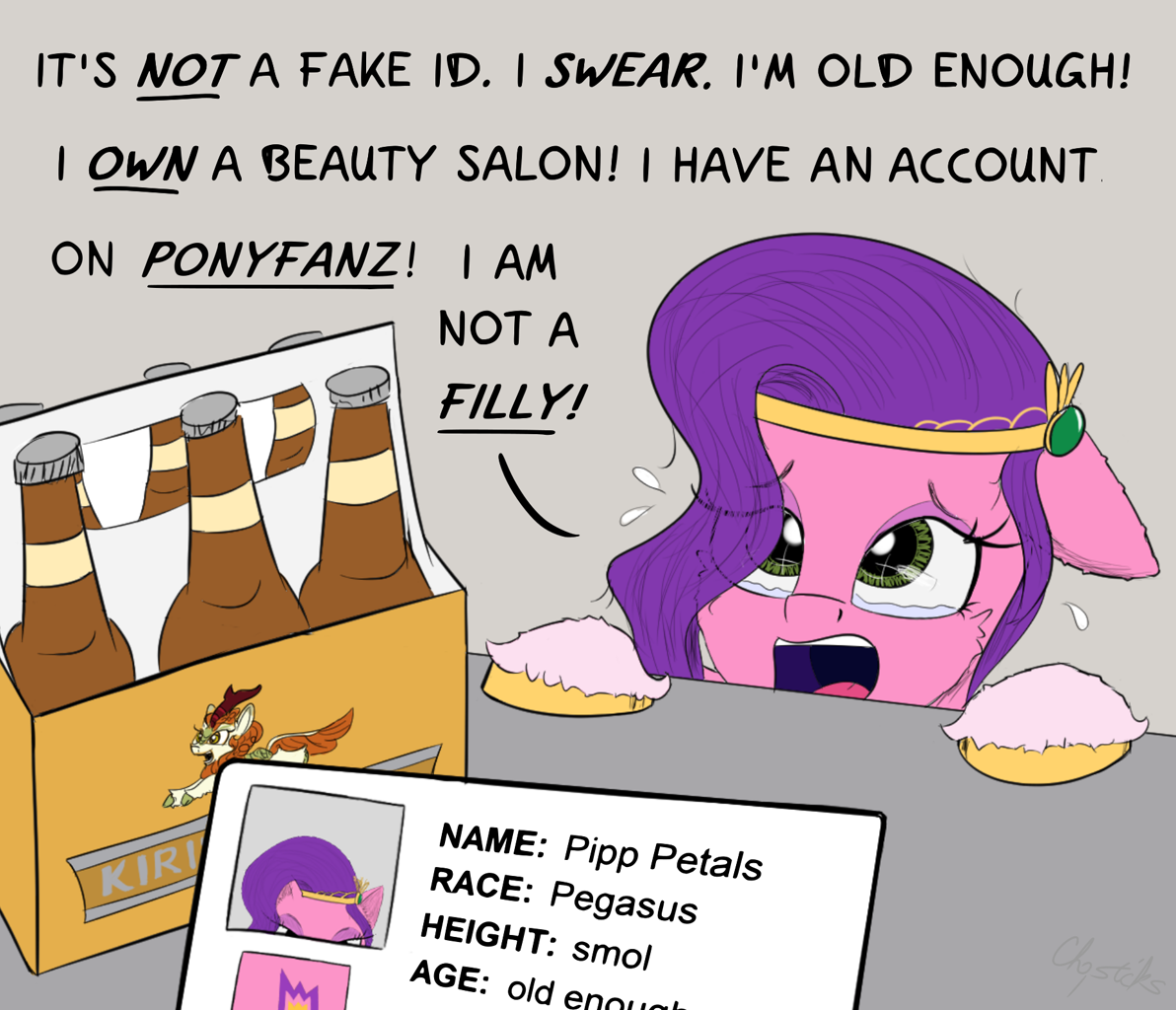 [alcohol,beer,bottle,crying,cute,dialogue,drink,female,floppy ears,g5,id card,jewelry,kirin,mare,open mouth,parody,pegasus,pony,pun,safe,solo,talking to viewer,text,unshorn fetlocks,regalia,looking up,offscreen character,cheek fluff,hair over one eye,artist:chopsticks,smol,teary eyes,autumn blaze,marelet,kirin beer,adorapipp,pipp petals,pipp is short,ponyfans,implied mane melody,pipp is smol]