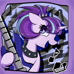 Size: 1000x1000 | Tagged: safe, artist:brella, starlight glimmer, pony, unicorn, g4, choker, edgelight glimmer, electric guitar, featured image, female, guitar, horn, mare, music notes, musical instrument, open mouth, open smile, playing instrument, rocklight glammer, smiling, solo, spiked choker