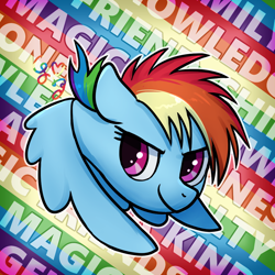 Size: 1000x1000 | Tagged: safe, artist:brella, rainbow dash, pegasus, pony, g4, female, filly, filly rainbow dash, foal, solo, text, younger