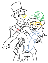 Size: 461x599 | Tagged: safe, artist:jargon scott, oc, oc only, oc:anon, oc:jargon scott, earth pony, human, pony, cap, clothes, duo, duo male and female, female, glasses, grin, hat, holding a pony, male, mare, monocle, partial color, rule 63, simple background, smiling, stallion, suit, top hat, trucker hat, white background