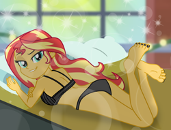 Size: 7536x5760 | Tagged: safe, artist:emeraldblast63, sunset shimmer, human, equestria girls, g4, ass, bed, black nail polish, bra, breasts, bunset shimmer, butt, clothes, feet, female, fetish, foot fetish, looking at you, lying down, nail polish, panties, pillow, prone, solo, stupid sexy sunset shimmer, the pose, toenail polish