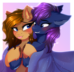 Size: 3442x3350 | Tagged: safe, artist:2pandita, oc, oc only, pony, :p, blanket, duo, female, high res, hug, mare, tongue out