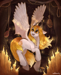 Size: 1732x2128 | Tagged: safe, artist:anotheronetry, oc, oc:maddy, dragon, pegasus, pony, big eyes, blonde, blonde hair, blonde tail, candle, candlelight, dragon horns, dragon wings, dragoness, feathered wings, female, female oc, fire, horns, mid-transformation, open mouth, solo, spread wings, story included, tail, transformation, white coat, wings, yellow eyes