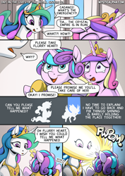 Size: 2171x3070 | Tagged: safe, artist:mysticalpha, princess cadance, princess celestia, princess flurry heart, alicorn, pony, comic:day in the lives of the royal sisters, g4, baby, baby pony, blast, comic, crown, dialogue, female, filly, flurry heart ruins everything, foal, glowing, glowing horn, high res, horn, jewelry, magic, magic blast, mare, meme, onomatopoeia, regalia, sound effects, speech bubble, teary eyes, trio