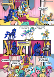 Size: 2171x3070 | Tagged: safe, artist:mysticalpha, princess celestia, princess luna, alicorn, earth pony, pegasus, pony, unicorn, comic:day in the lives of the royal sisters, g4, comic, dialogue, female, high res, leaving, levitation, magic, male, mare, nope, royal guard, scroll, sitting, speech bubble, stallion, telekinesis, throne, throne room, traditional royal canterlot voice