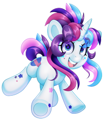 Size: 1631x1904 | Tagged: safe, artist:partypievt, oc, oc only, oc:party pie, pony, unicorn, body markings, eyebrows, eyebrows visible through hair, eyelashes, facial markings, female, frog (hoof), in air, jumping, looking at you, mare, ponytail, simple background, solo, transparent background, underhoof