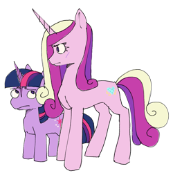 Size: 955x955 | Tagged: safe, artist:emptygoldstudio, princess cadance, twilight sparkle, pony, unicorn, g4, alternate universe, concave belly, duo, female, frown, furrowed brow, height difference, mare, physique difference, quadrupedal, race swap, simple background, slender, standing, thin, transparent background, unicorn cadance, unicorn twilight