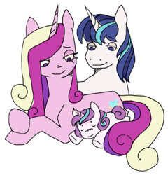 Size: 705x735 | Tagged: safe, artist:emptygoldstudio, princess cadance, princess flurry heart, shining armor, pony, unicorn, g4, baby, baby pony, family, father and child, father and daughter, female, filly, foal, lidded eyes, lying down, male, mare, mother and child, mother and daughter, prone, race swap, ship:shiningcadance, shipping, simple background, smiling, stallion, straight, transparent background, trio, unicorn cadance, unicorn flurry heart