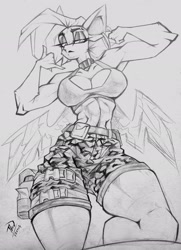 Size: 1482x2048 | Tagged: safe, artist:tlen borowski, oc, oc only, oc:tlen borowski, pegasus, anthro, belt, big ears, bra, breasts, camo clothing, camo print, camouflage, cleavage, clothes, collar, crop top bra, ear piercing, eyebrow slit, eyebrows, eyeshadow, female, holster, lidded eyes, looking at you, looking down, looking down at you, makeup, monochrome, partially open wings, piercing, shorts, sketch, solo, tank top, traditional art, underwear, wings