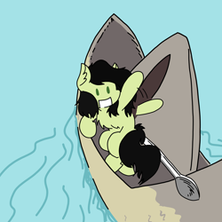 Size: 3508x3508 | Tagged: safe, artist:ponny, part of a set, oc, oc:filly anon, earth pony, pony, series:sailor meep, colored, female, filly, foal, high res, meep, paper boat, part of a series, smiling, smol, solo, spoon, tiny, tiny ponies, water, wave