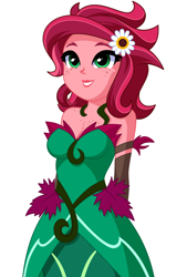 Size: 1016x1499 | Tagged: safe, artist:rosemile mulberry, part of a set, gaea everfree, gloriosa daisy, human, equestria girls, g4, my little pony equestria girls: legend of everfree, alternate hairstyle, arm behind back, bare shoulders, breasts, cleavage, clothes, costume, dress, female, flower, flower in hair, freckles, leaf, shoulder freckles, simple background, sleeveless, smiling, solo, strapless, updated design, vine, white background