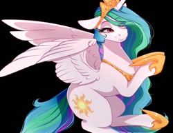 Size: 1396x1080 | Tagged: safe, artist:symphstudio, princess celestia, alicorn, pony, g4, black background, crown, eye clipping through hair, eyebrows, eyebrows visible through hair, female, floppy ears, hoof shoes, jewelry, lidded eyes, mare, peytral, regalia, simple background, smiling, solo