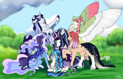 Size: 1280x827 | Tagged: safe, artist:malinraf1615, oc, oc only, oc:dripping merona, oc:elusive mirage, oc:space-time continuum, earth pony, pegasus, pony, unicorn, commission, female, magical lesbian spawn, mare, offspring, parent:starlight glimmer, parent:sunburst, parent:trixie, parent:twilight sparkle, parents:startrix, parents:twiburst, spread wings, wings
